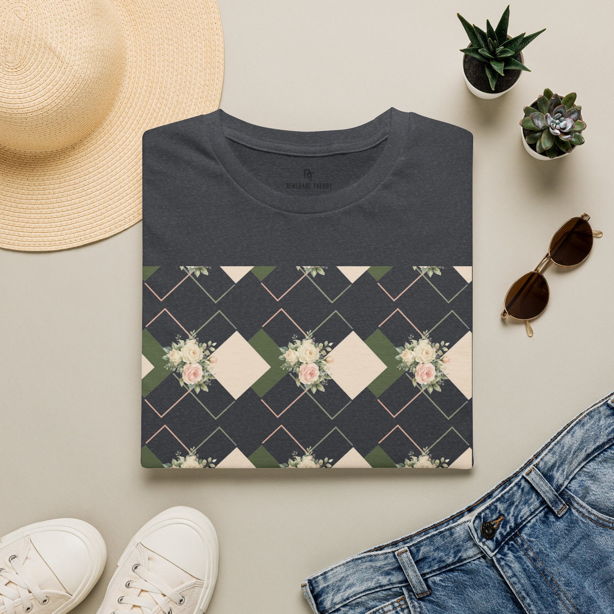 Floral Geometric Tee — Soft Neutral Diamond Pattern