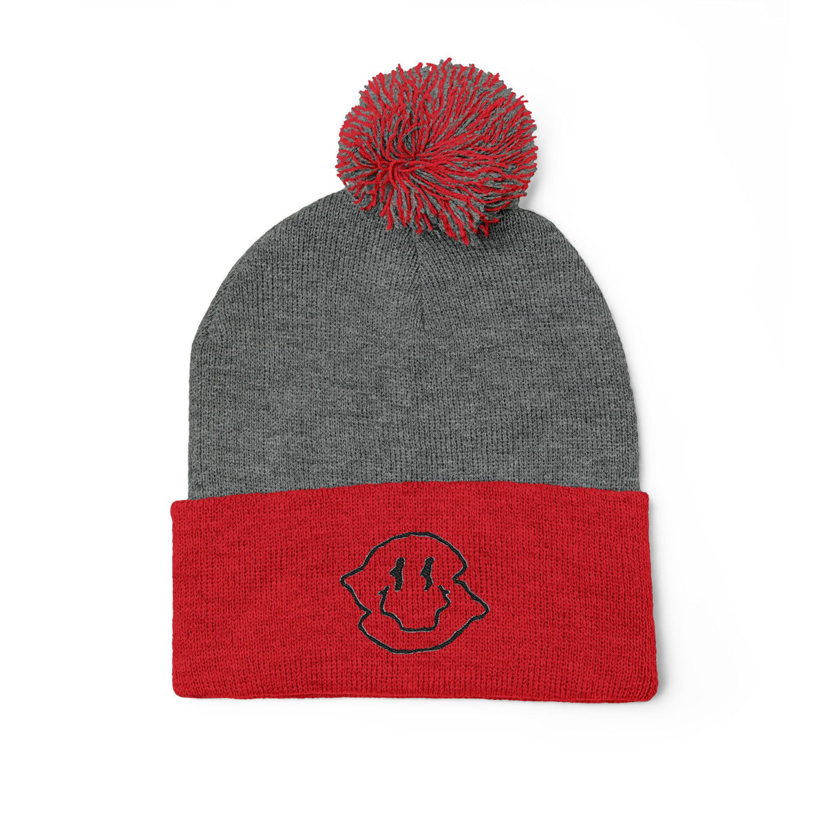 Embroidered Smiley Pom-Pom Beanie