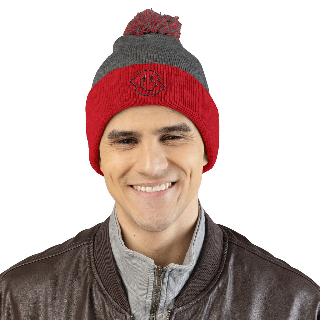Embroidered Smiley Pom-Pom Beanie