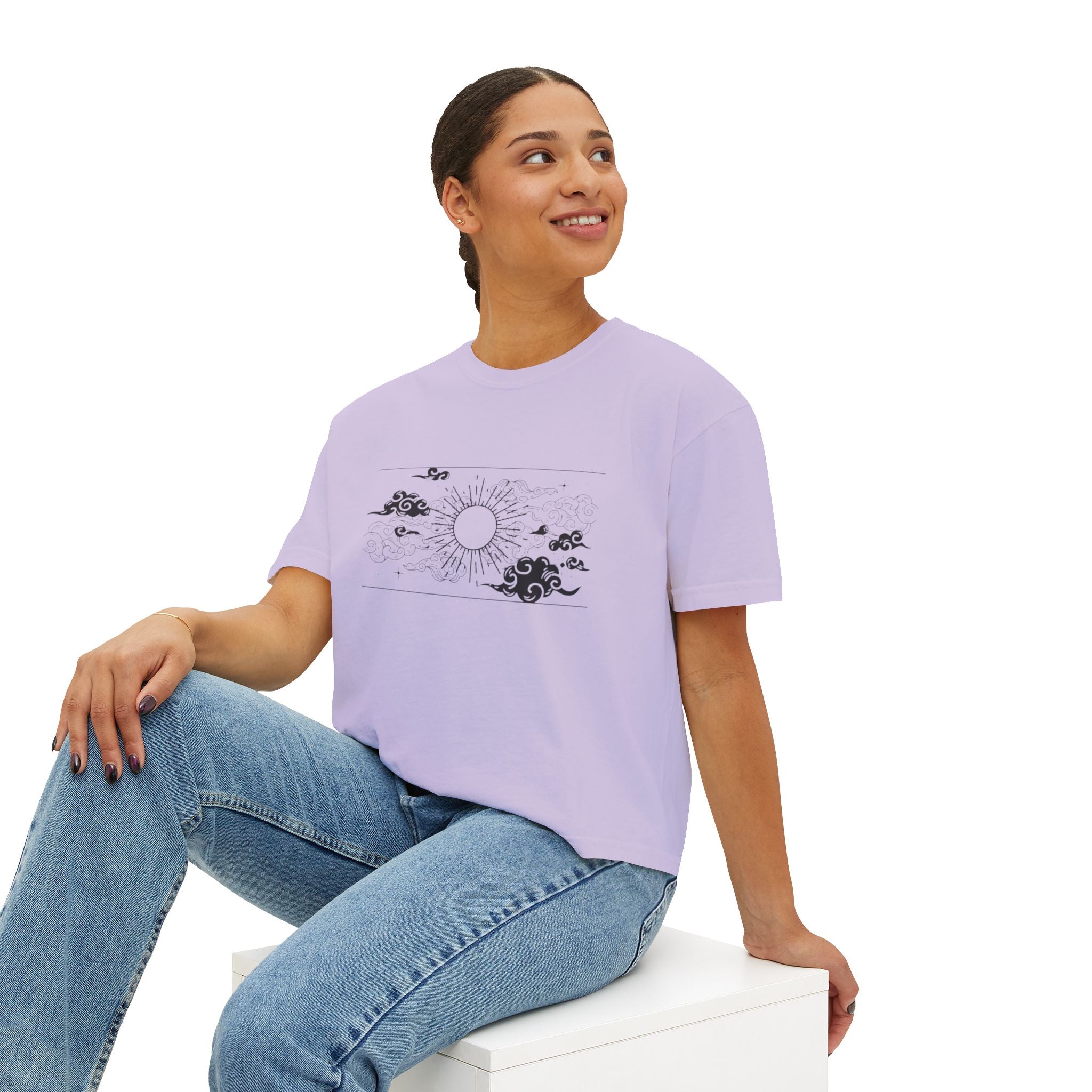 Boxy Tee — Minimal Sunrise & Clouds Graphic Women's Shirt