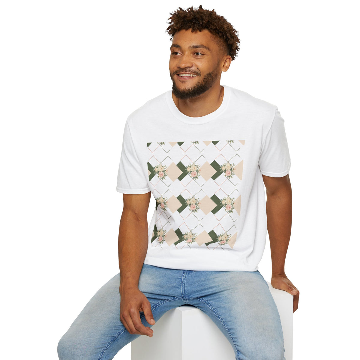Floral Geometric Tee — Soft Neutral Diamond Pattern