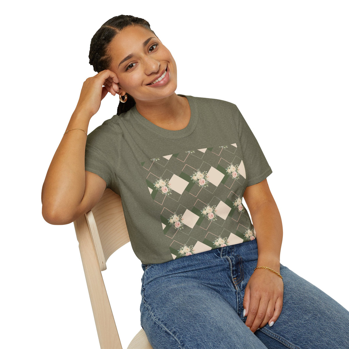 Floral Geometric Tee — Soft Neutral Diamond Pattern