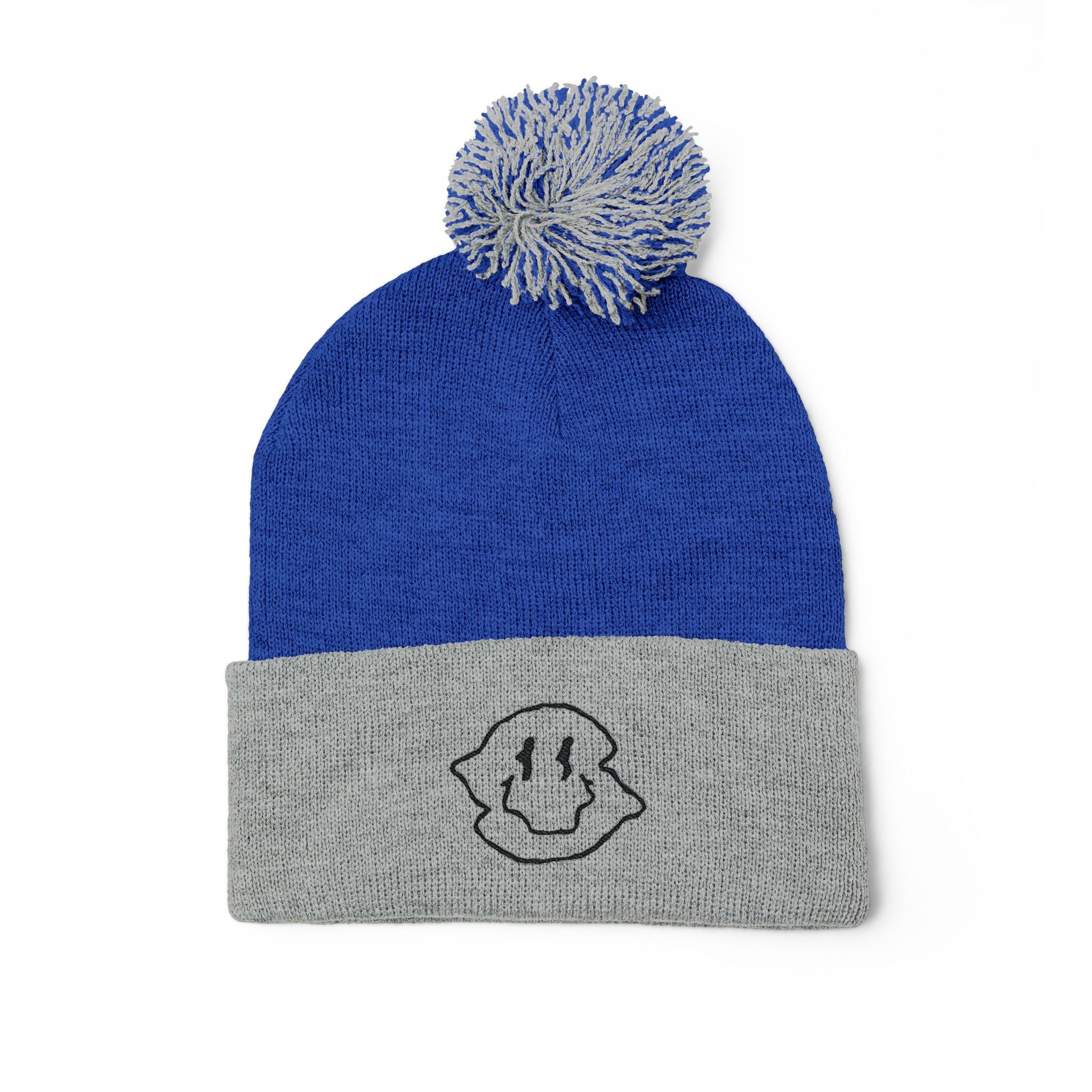 Embroidered Smiley Pom-Pom Beanie