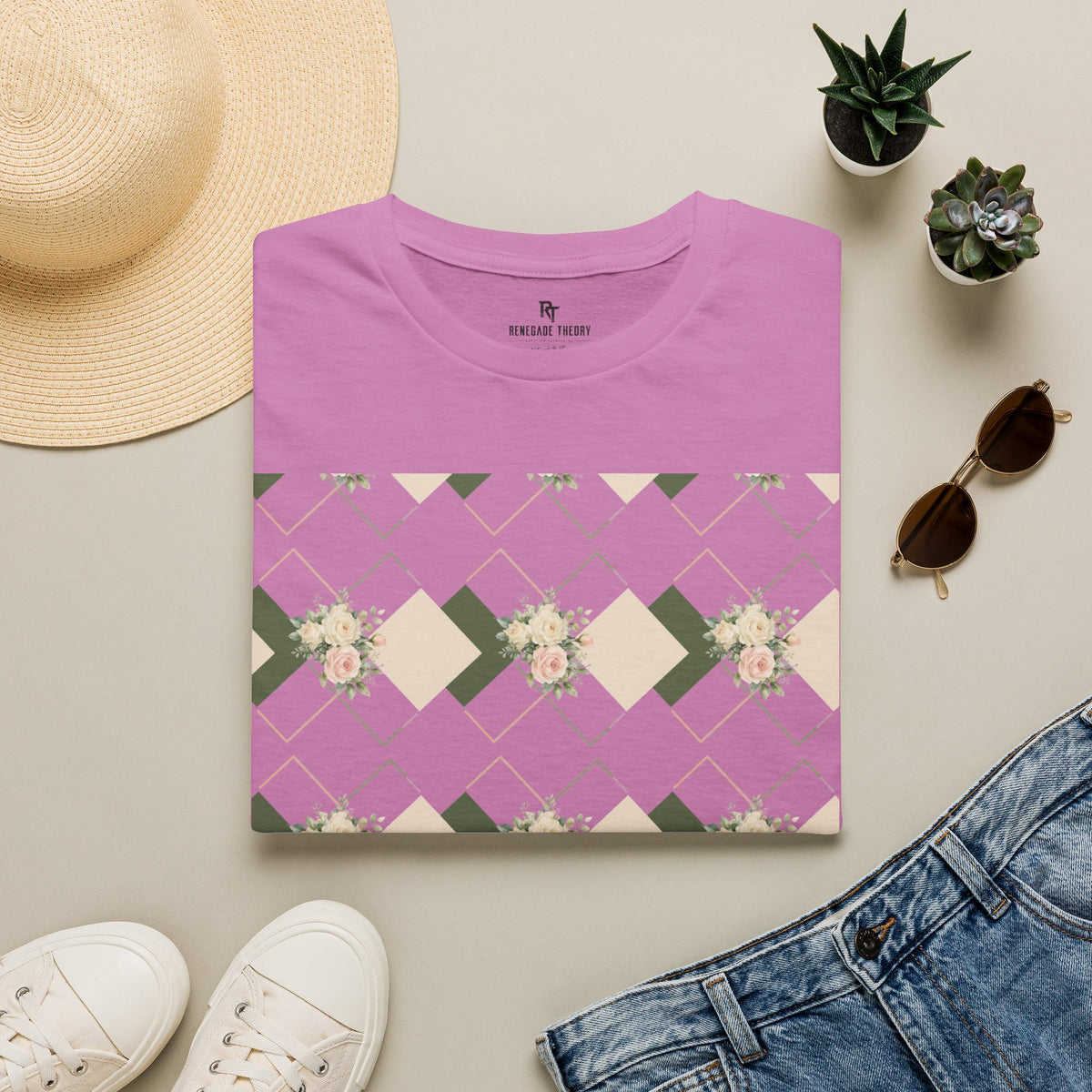 Floral Geometric Tee — Soft Neutral Diamond Pattern