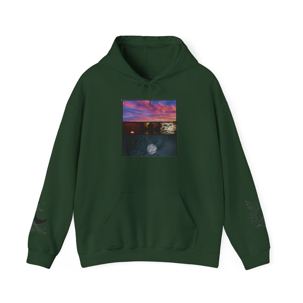 Sunset Moon Hoodie — Celestial Sunset Graphic Pullover with Sleeve Moon & Sun Art