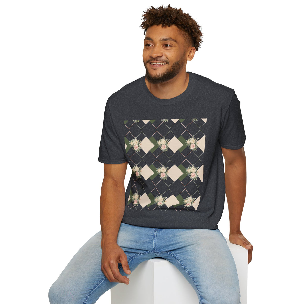 Floral Geometric Tee — Soft Neutral Diamond Pattern