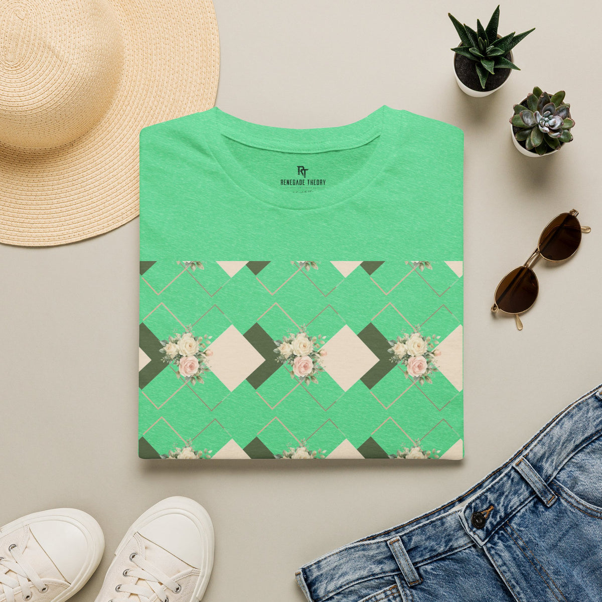Floral Geometric Tee — Soft Neutral Diamond Pattern