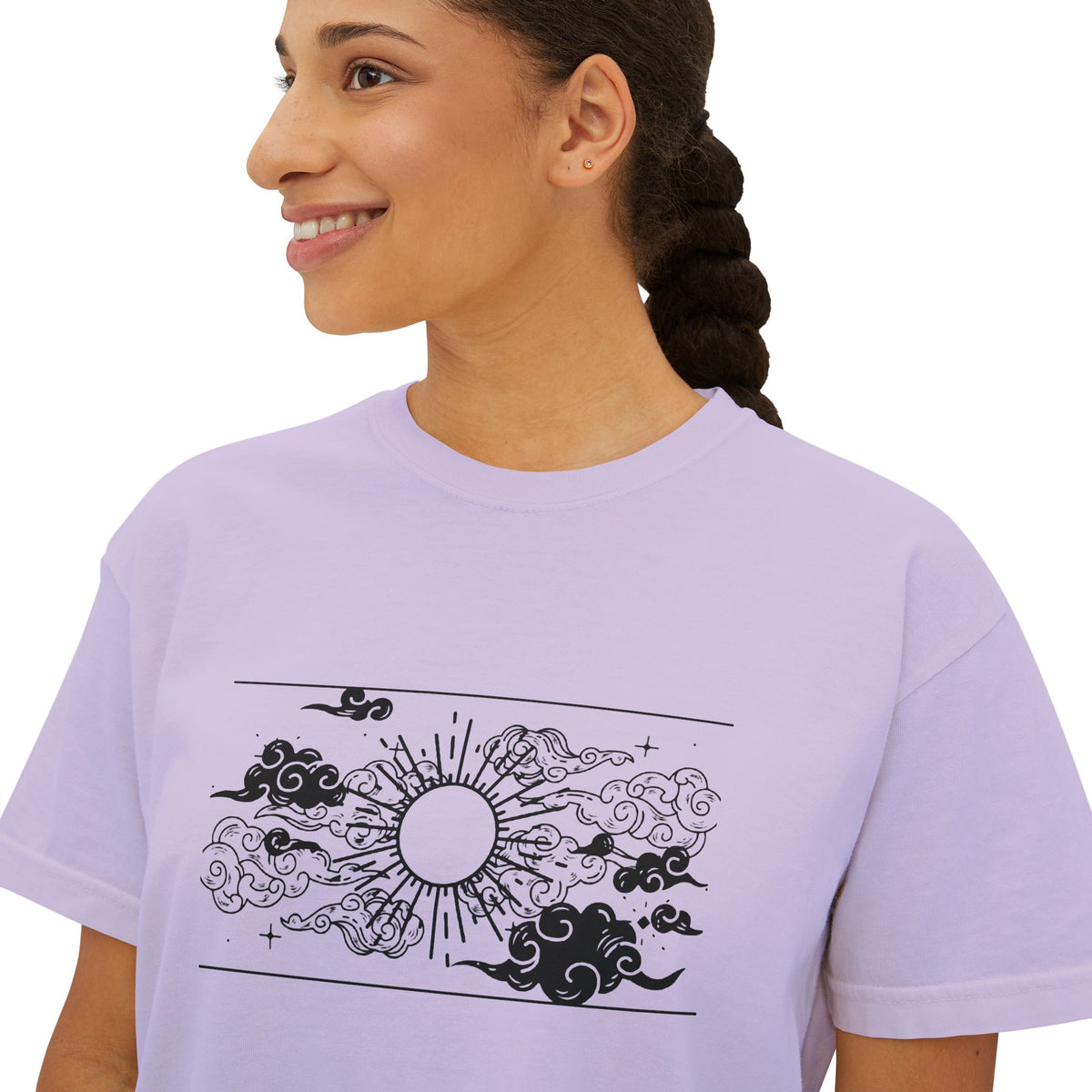 Boxy Tee — Minimal Sunrise & Clouds Graphic Women's Shirt