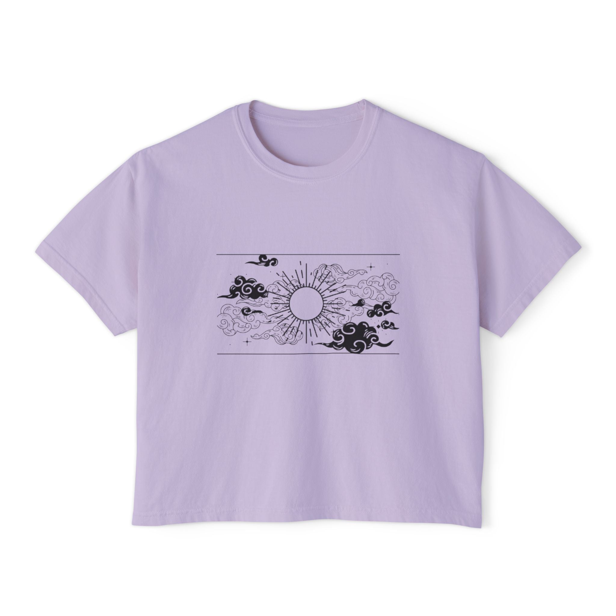 Boxy Tee — Minimal Sunrise & Clouds Graphic Women's Shirt