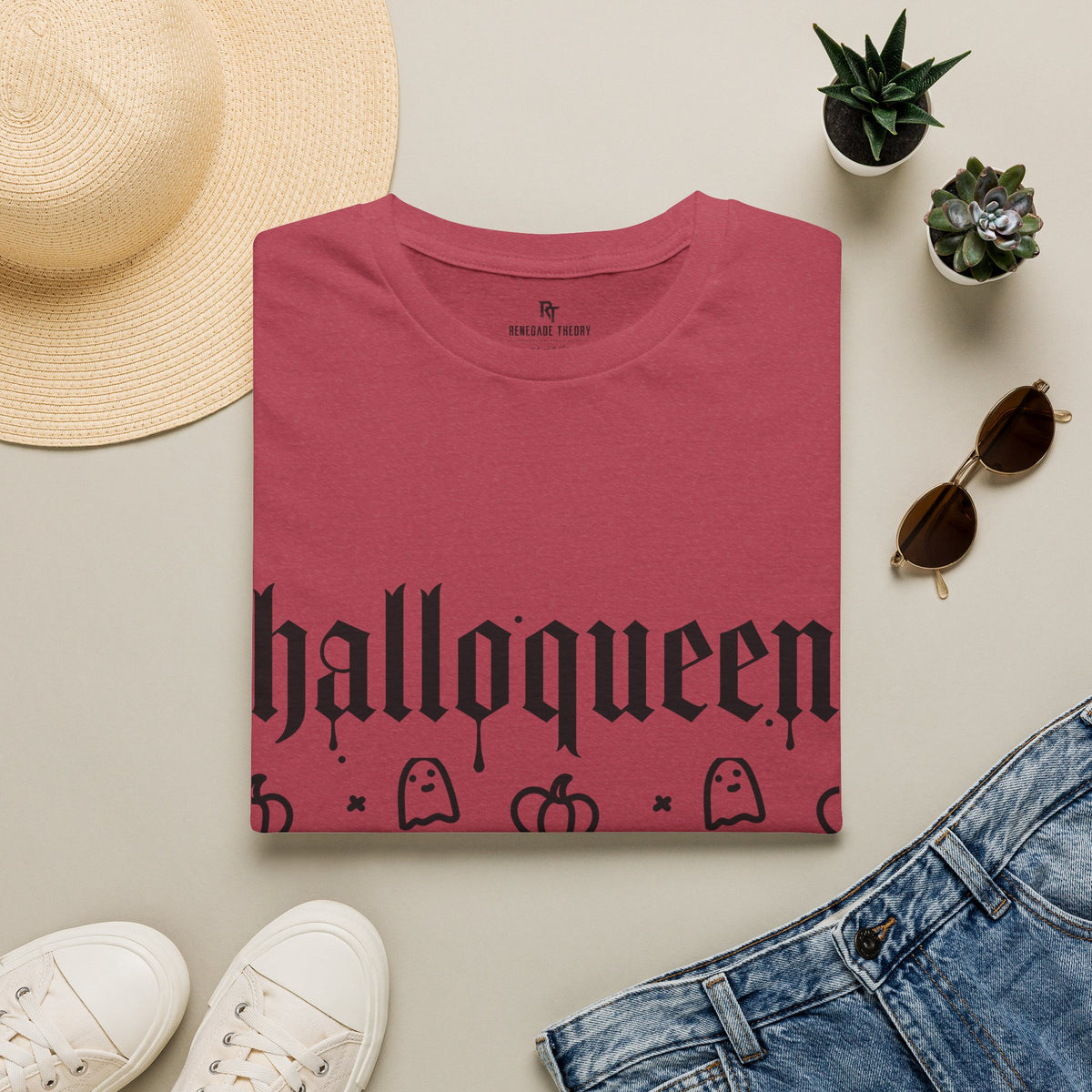 HalloQueen T‑Shirt — Cute Gothic Halloween Graphic Tee with Ghosts & Pumpkins