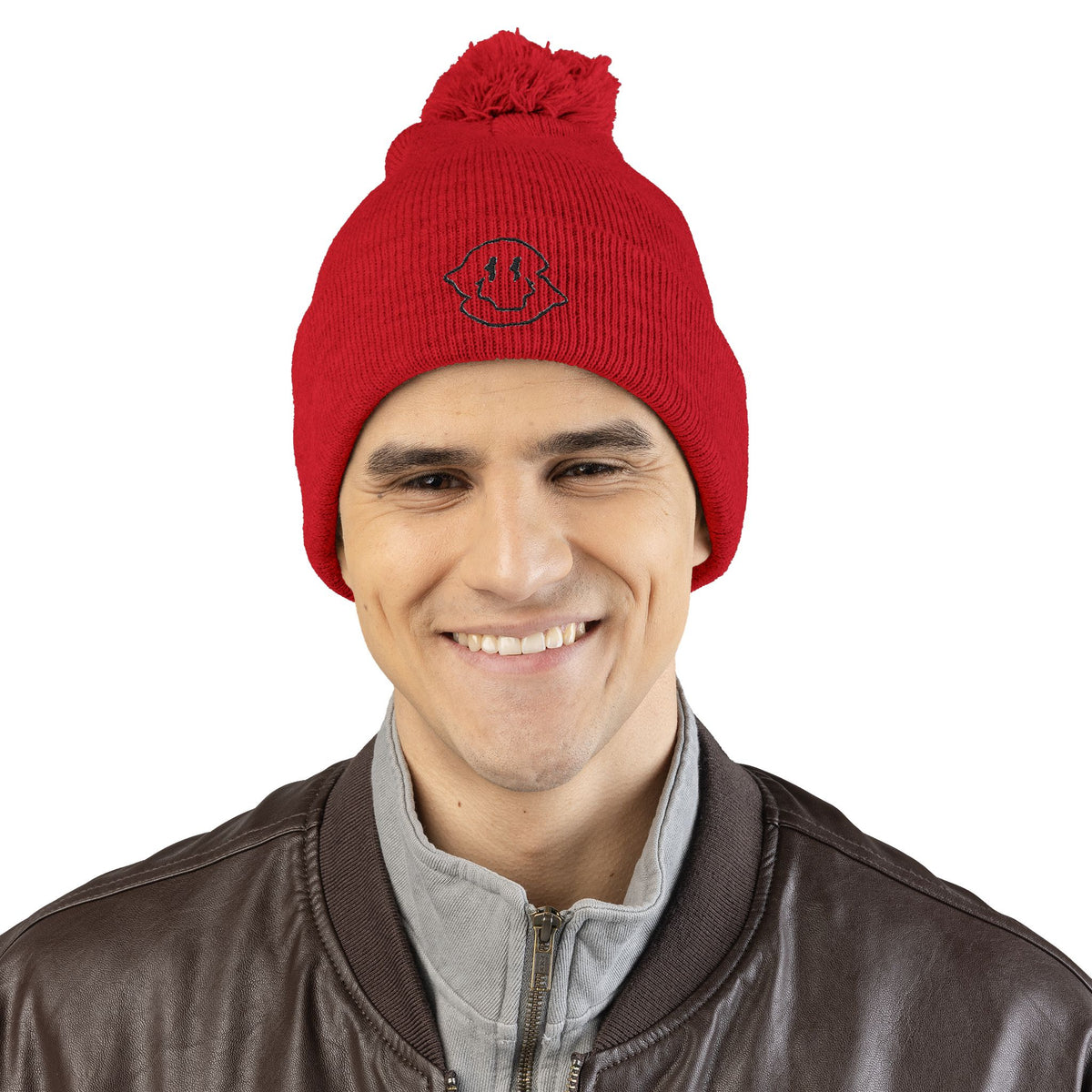 Embroidered Smiley Pom-Pom Beanie