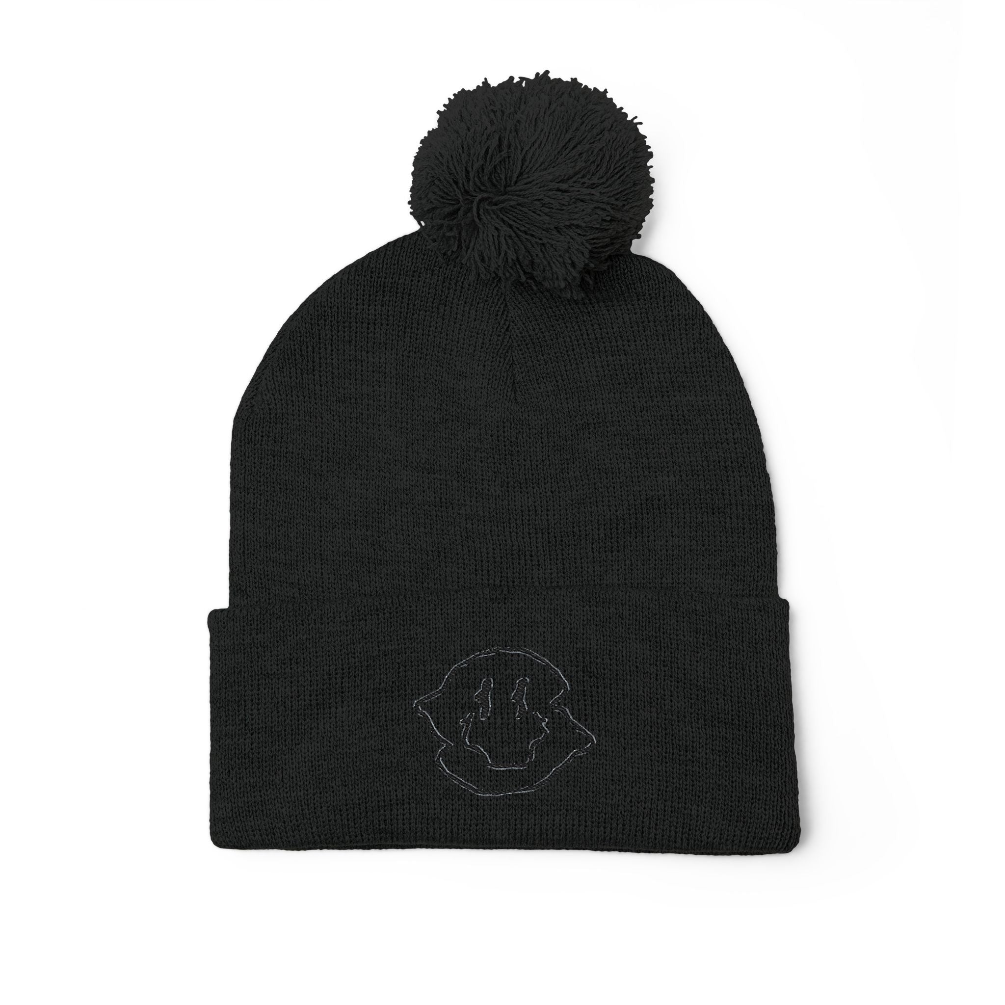 Embroidered Smiley Pom-Pom Beanie