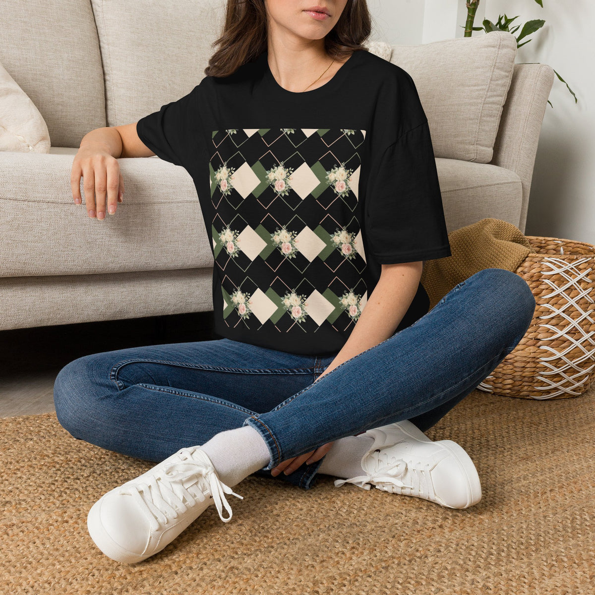 Floral Geometric Tee — Soft Neutral Diamond Pattern