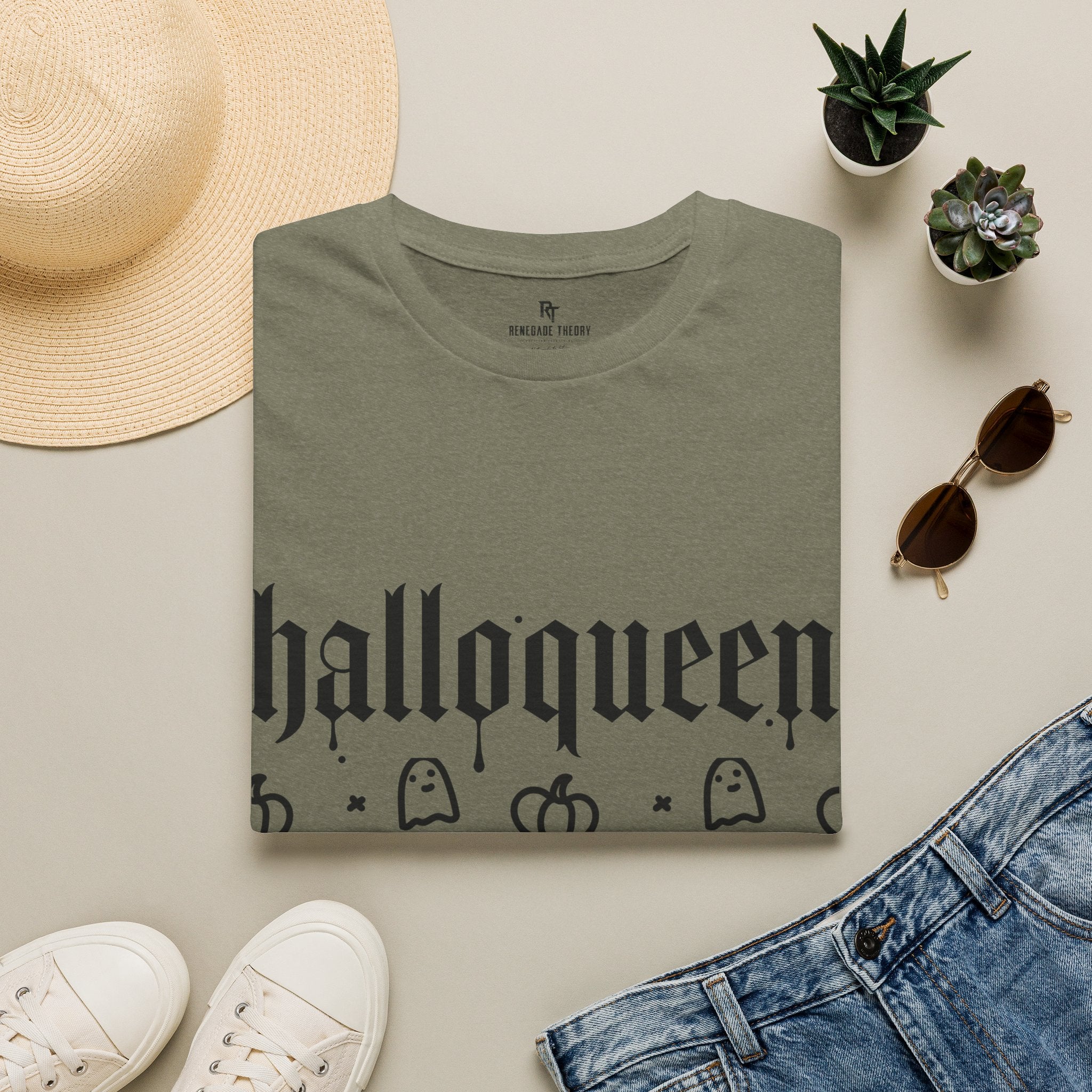 HalloQueen T‑Shirt — Cute Gothic Halloween Graphic Tee with Ghosts & Pumpkins