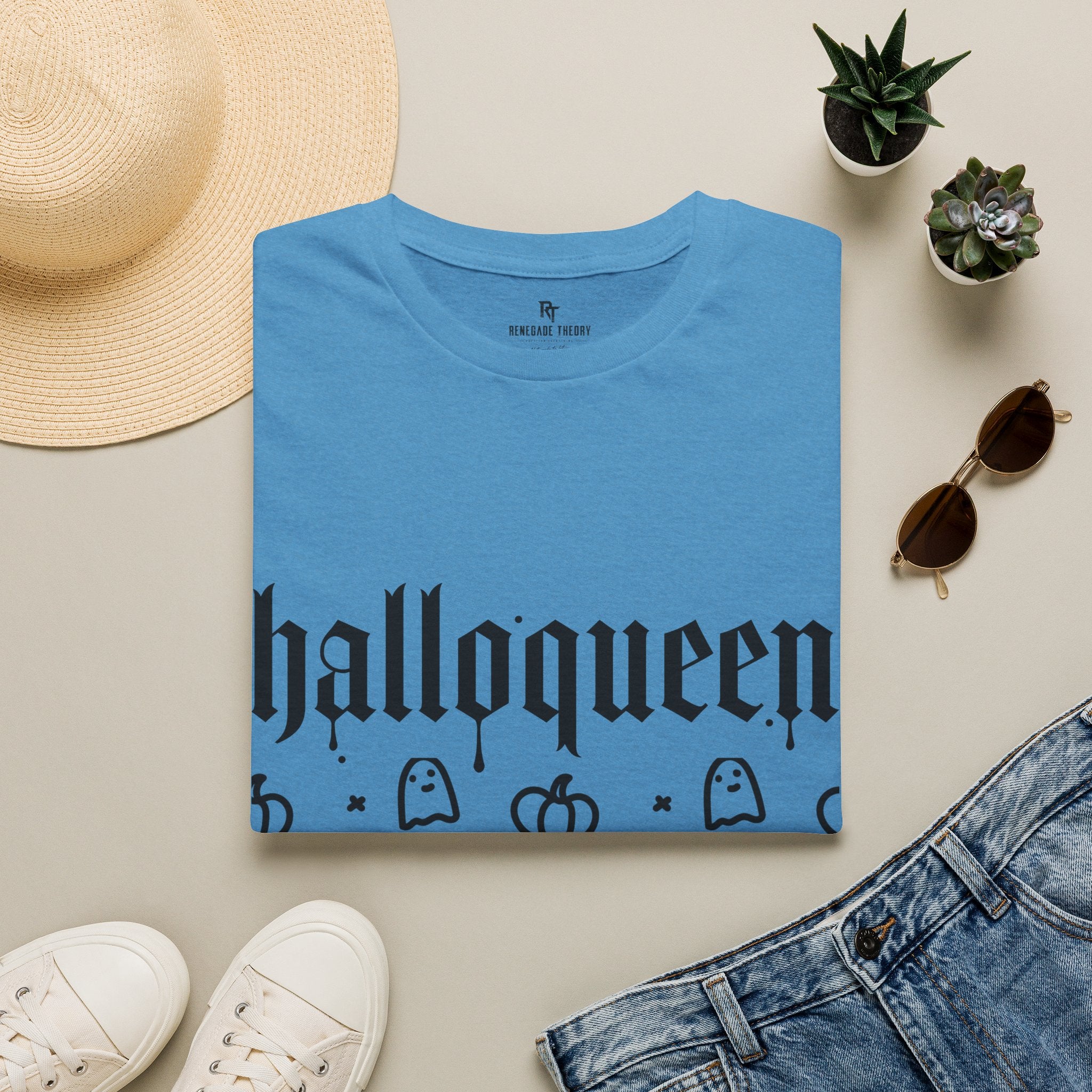 HalloQueen T‑Shirt — Cute Gothic Halloween Graphic Tee with Ghosts & Pumpkins